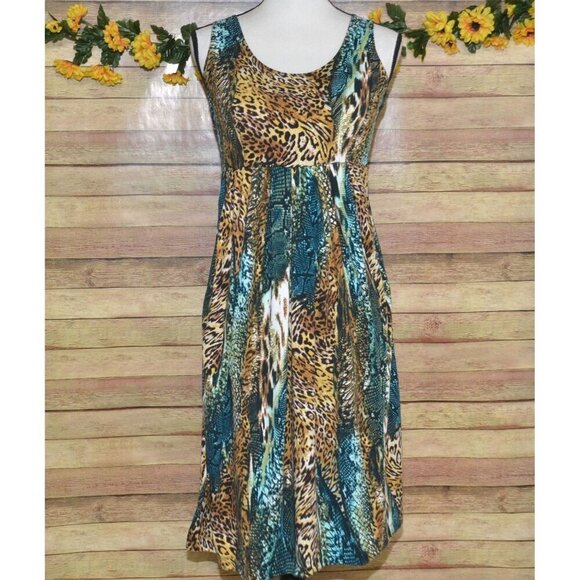 Lennie for Nina Leonard Mixed Animal Print Midi Dress Size S Empire Waist Comfy - Picture 1 of 9